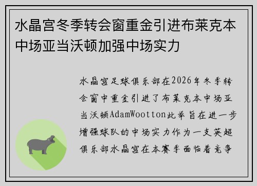 水晶宫冬季转会窗重金引进布莱克本中场亚当沃顿加强中场实力 水晶宫冬季转会窗重金引进布莱克本中场亚当沃顿加强中场实力
